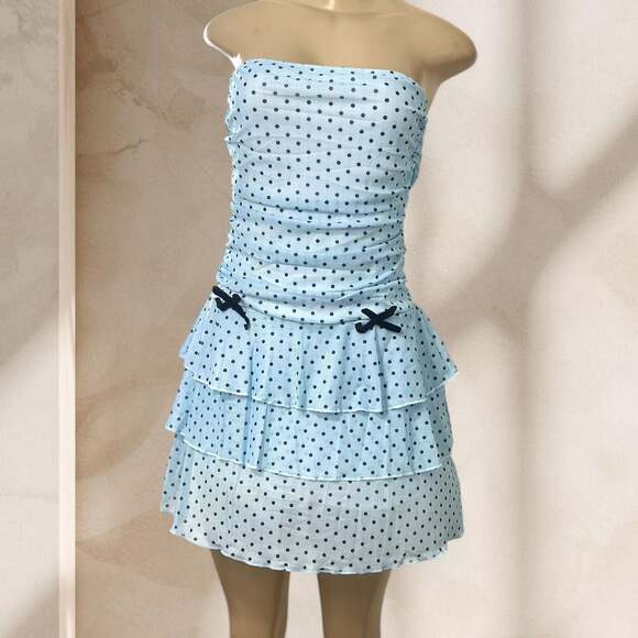 Suviafashion Dresses & Skirts - Blue Polka Dot Strapless Mini Dress – Ruched Ruffle Tiered Bow  Y2K Cute ✧ L